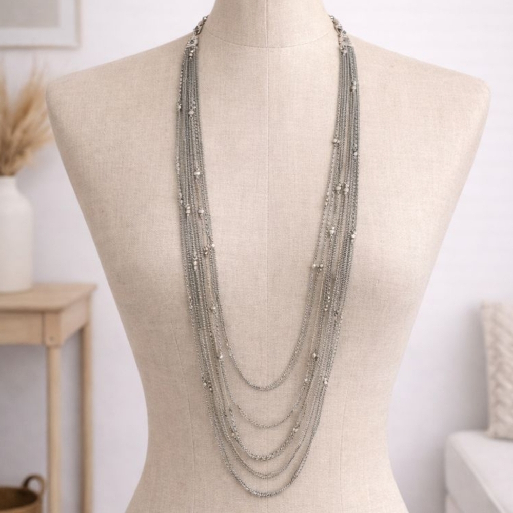 MULTI LAYER LONG SILVER NECKLACE